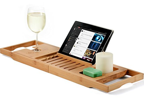 Bamboo Luxury Bathtub Caddy Tray with Extending Sides, Book and Wine Holder - Bath Wooden Tray. By Bambusi