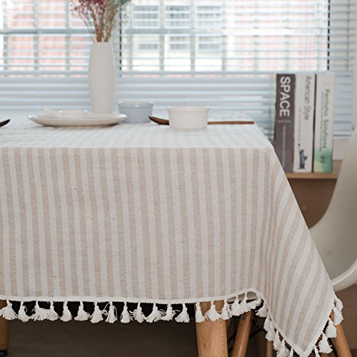 ColorBird Stripe Tassel Tablecloth Cotton Linen Dust-Proof Table Cover for Kitchen Dinning Tabletop Decoration Rectangle-Oblong  55 x 86Inch  Beige