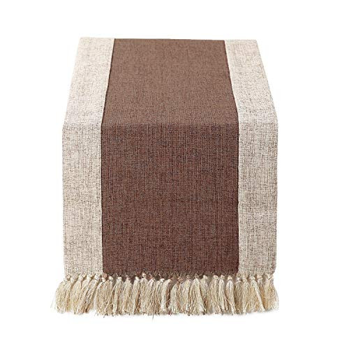 Chassic 15 x 72 inch Rustic Burlap Woven Boho Table Runners Linen with Handmade Fringe  Village Farmhouse Dining Room Dresser Decor - Brown