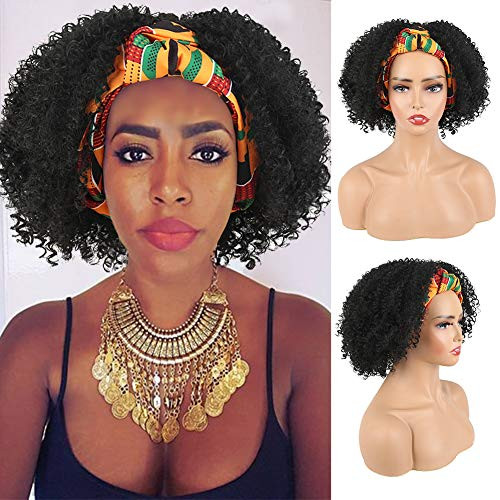 Aisaide Curly Wigs for Black Women Afro Wrap Wigs 2 in 1 Black Wigs with Headband Attached Synthetic Curly Afro Full Wigs Afro Headwrap Wig with Scarf Wig Turban Wig Kinky Curly Wig