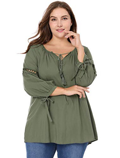 Agnes Orinda Women s Plus Size Raglan Sleeves Hollow Out Tie Neck Tunic Top Green 3X