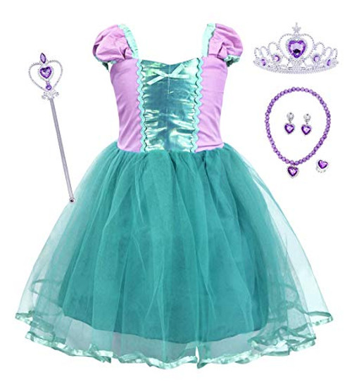 HenzWorld Little Girls Dresses Mermaid Costumes Princess Dress Up Halloween Cosplay Birthday Party Outfits Role Pretend Jewelry Accessories Layered Tutu Skirts Kids Children 4T Age 3-4 Years