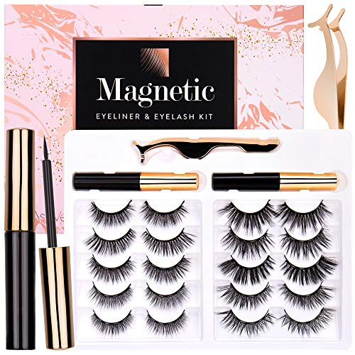 Magnetic Eyelashes with Eyeliner Kit- 2 Tubes of Magnetic Eyeliner   10 Pairs Magnetic Eyelashes Kit - Updated 6D  With Natural Look   Reusable False lashes - No Glue Need