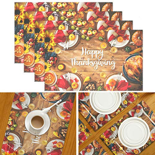 Wamika Thanksgiving Placemats Set of 6 Turkey Pumpkins Table Mats Washable Wood Board Placemat Non-Slip Heat Resistant Place Mats for Party Kitchen Dining Decorations 12 X 18 Inch