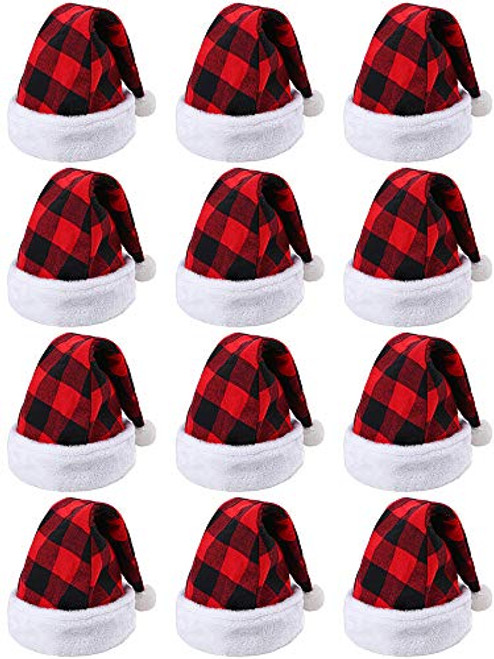 URATOT 12 Pack Christmas Santa Hat Red and Black Plaid Santa Hat Luxury Plush Hat for Christmas Costume Party and Holiday Event