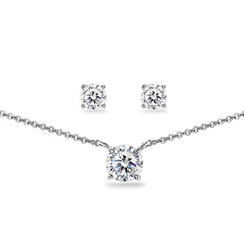 GemStar USA Sterling Silver Cubic Zirconia Round Solitaire Choker Necklace and Stud Earrings Set