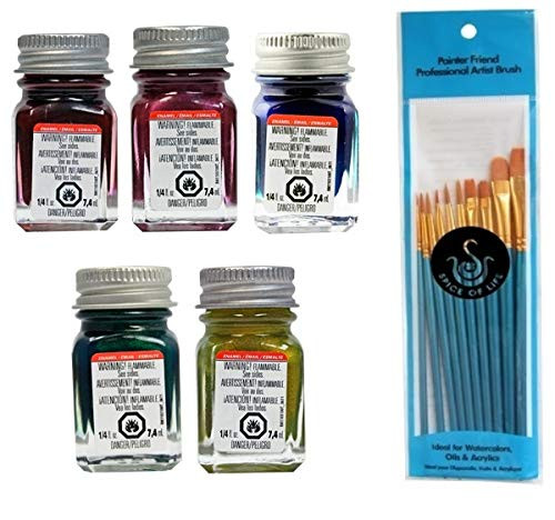Testors Flake Enamel Model Paint Variety  Flake Red  Flake Purple  Flake Blue  Flake Green  and Flake Gold  1-4oz Pack of 5 - with Spice of Life Paint Brush Set