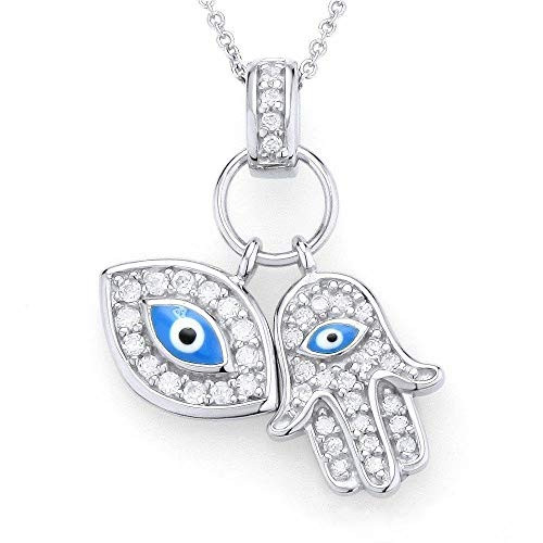 925 Sterling Silver Womens Evil Eye Hamsa Blue White CZ Pendant Necklace 925 Sterling Silver Womens Evil Eye Hamsa Blue White CZ Pendant Necklace