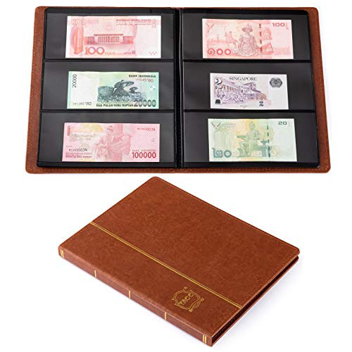 Ettonsun Leather 60-Pocket Paper Money Album Currency Holders for Collectors Collection Supplies Holder Book for Travel Bill Banknote Stamp Storage Display with 10 Collecting Pages Brown