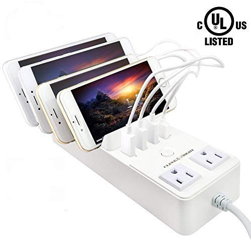Charging Station for Multiple Devices USB Docking Station Charger with 4 USB Ports & 2 Outlet Surge Protectors Power,Power Strip Charging Station Organizer