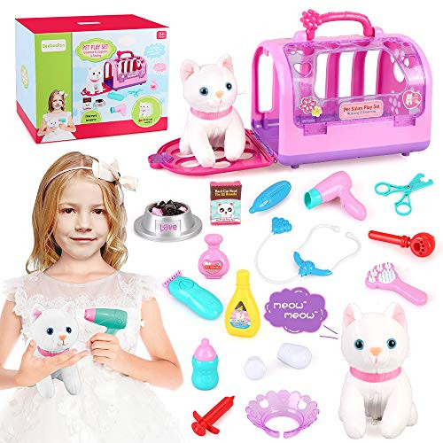 BeebeeRun Vet Kit Pet Care Play Set Vet Clinic Grooming Diagnosis Feeding with Electric Speak Kitten and Cage Roleplay Pretend Play for Kids Ages 3