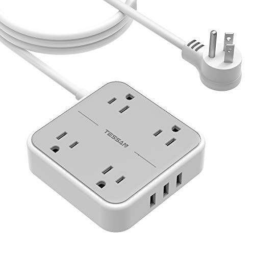Flat Plug Power Strip with 9-8 FT Extension Cord  TESSAN 4 Widely Spaced Outlets 3 USB Ports Charger  Wall Mountable Compact Size Charging Station  1250W-10A Long Cord for Indoor