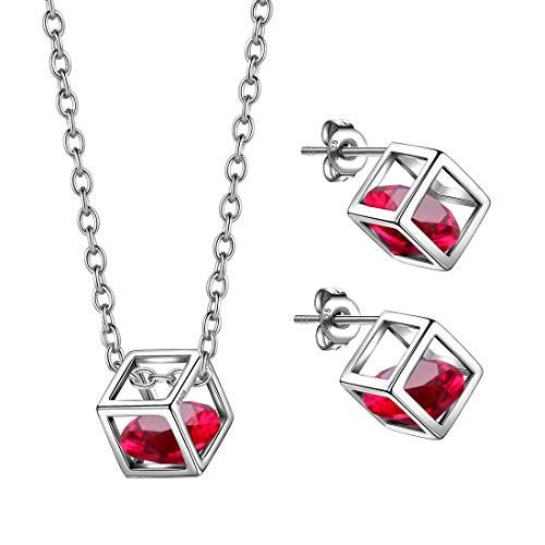 Beautlace July Birthstone Necklace-Stud Earrings Set Red Ruby Square Birth Stone Pendant 925 Sterling Silver Birthday Jewelry Sets Gifts for Her KS0007R
