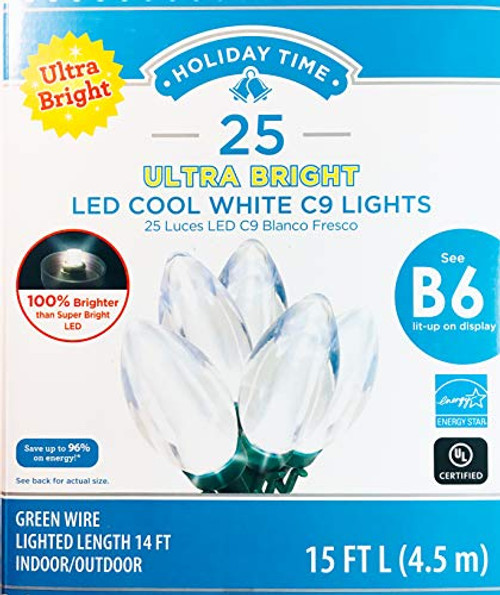 Holiday Time Ultra Bright Energy Star 25 LED Cool White C9 Christmas Lights - 15 FT Length Holiday Time Ultra Bright Energy Star 25 LED Cool White C9 Christmas Lights - 15 FT Length