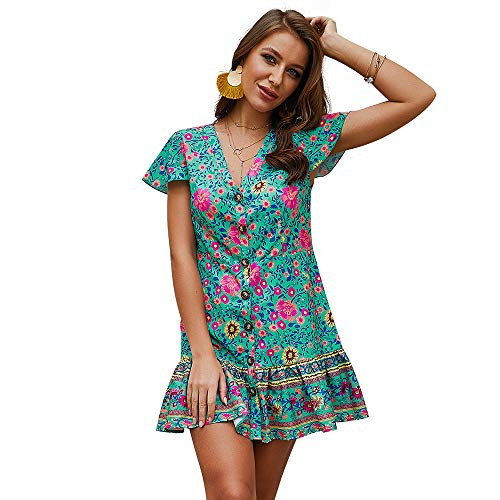 Exlura Women s Summer Bohemian Floral Printed Wrap V Neck Short Sleeve Ruffle Mini Dress Turquoise