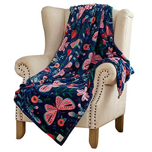 Hallmark Flannel Throw Blanket for Couch  Soft Lightweight Warm Blanket for Bed Couch Sofa  All Season Plush Throw Navy Butterfly  50  x70