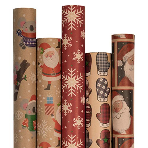 JAM PAPER Assorted Gift Wrap - Christmas Kraft Wrapping Paper - 125 Sq Ft Total - Kids Kraft Christmas Set - 5 Rolls-Pack