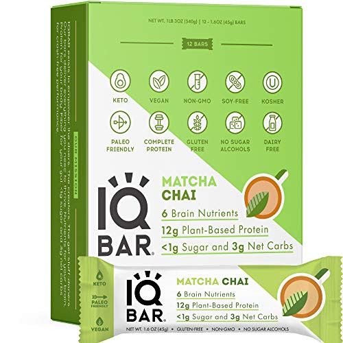 IQBAR Brain  Body Protein Bars  Matcha Chai  Keto  Vegan  Paleo Friendly  Low Sugar  Low Net Carb  High Fiber  Gluten Free  No Sugar Alcohols  12 Count