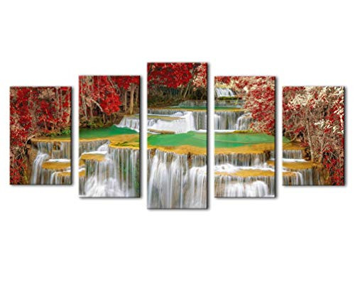Noah Art-Contemporary Forest Pictures Photo Prints, Waterfall Artwork Autumn Decor Picture for Wall Landscape Photography Poster Art Prints on Canvas, 5 Piece Canvas Framed Wall Art for Living Room