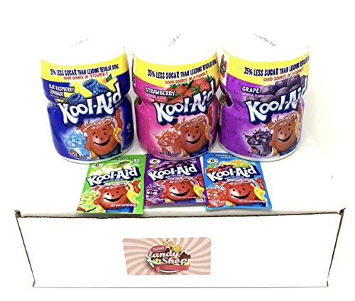 Kool-Aid Drink Mix Variety Pack of 3 Flavors in 19 oz Canisters Strawberry  Grape   Blue Raspberry Lemonade  FREE Three 3 Packets