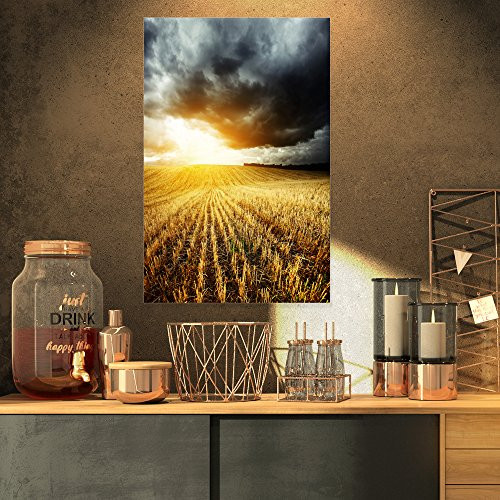 Designart PT11652-16-32 Storm Dark Clouds Over Wheat Stems Landscape Artwork Canvas,Yellow,16x32