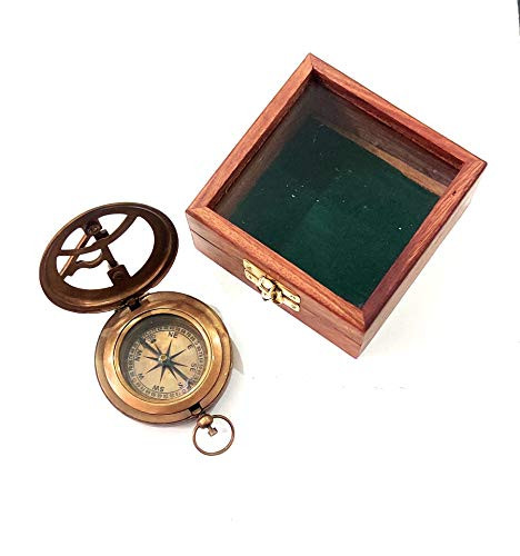Antique House Nautical Push Button Working Compass Handmade Travel Collectible Compass with Wooden Box Birthday-Dad-Mom-Marine-Navy Gift
