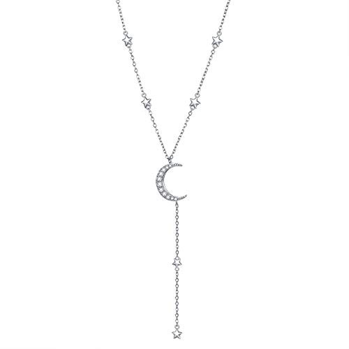 S925 Sterling Silver Crescent Moon and Star Celestial Jewelry CZ Y Necklace Rolo Chain 18 inches to 20 inches