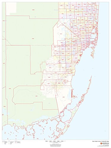 Miami-Dade County, Florida Zip Codes - 36" x 48" Paper Wall Map