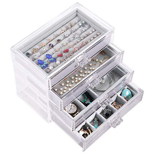 DIJA Acrylic Jewelry Box with 4 Drawers Velvet Jewelry Organizer for Earring Bangle Bracelet Necklace Rings Clear Acrylic Jewelry Display case Gray DIJA Acrylic Jewelry Box with 4 Drawers Velvet Jewelry Organizer for Earring Bangle Bracelet Necklace Rings Clear Acrylic Jewelry Display case Gray