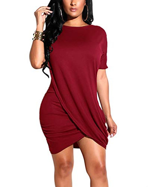 Ophestin Women Short Sleeve Solid Color Bodycon Tight Ruched Wrap T Shirt Mini Short Dress Wine M Ophestin Women Short Sleeve Solid Color Bodycon Tight Ruched Wrap T Shirt Mini Short Dress Wine M