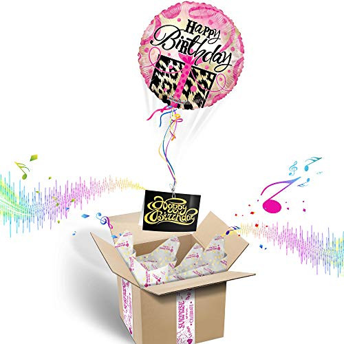 BALOONS IN THE BOX Happy Birthday Inflated Helium Balloon - Black and Gold   Customizable Greeting Card   Plays a Happy Birthday Jingle When Opened