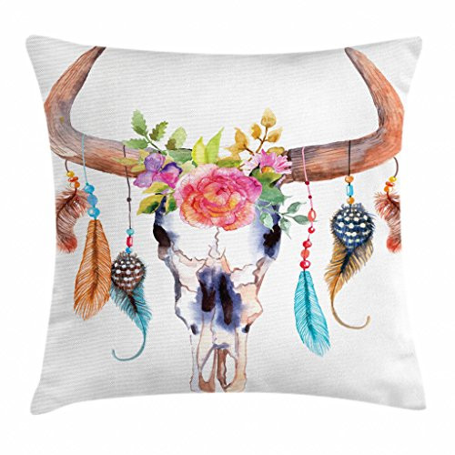 Ambesonne Watercolor Throw Pillow Cushion Cover  Bull Skull with Hanging Flower Feathers Inspired Design  Decorative Square Accent Pillow Case  24  X 24   White Pink