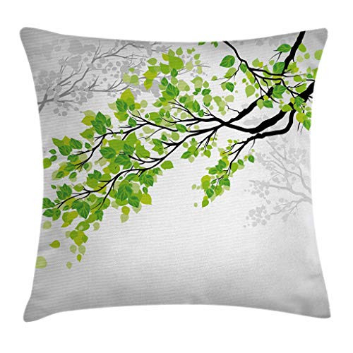 Ambesonne Nature Throw Pillow Cushion Cover  Twiggy Spring Tree Branch with Refreshing Leaves Summer Peaceful Woodland Graphic  Decorative Square Accent Pillow Case  24  X 24   Green Grey