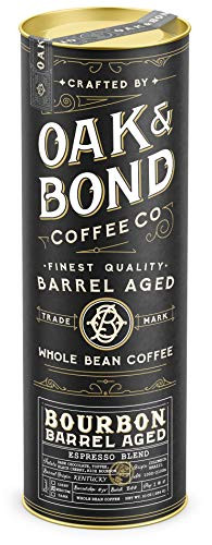 Espresso Bourbon Barrel Aged Coffee - Whole Bean Coffee  Dark Roast  Colombia   Brazil Espresso Blend  Whole Bean Coffee Aged in Bourbon Whiskey Barrels by Oak   Bond Coffee Co- - 10 oz