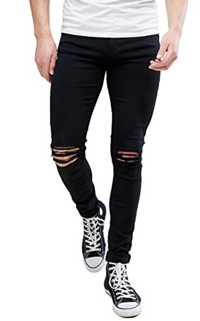 Men s Black Skinny Ripped Destroyed Stretchy Knee Holes Slim Tapered Leg Jeans Denim Pants 36