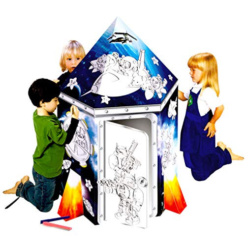 UC Global Trade Inc Rocket Ship Playhouse for Creative Coloring  Cardboard House for Kids and Additional Sticker Decorations