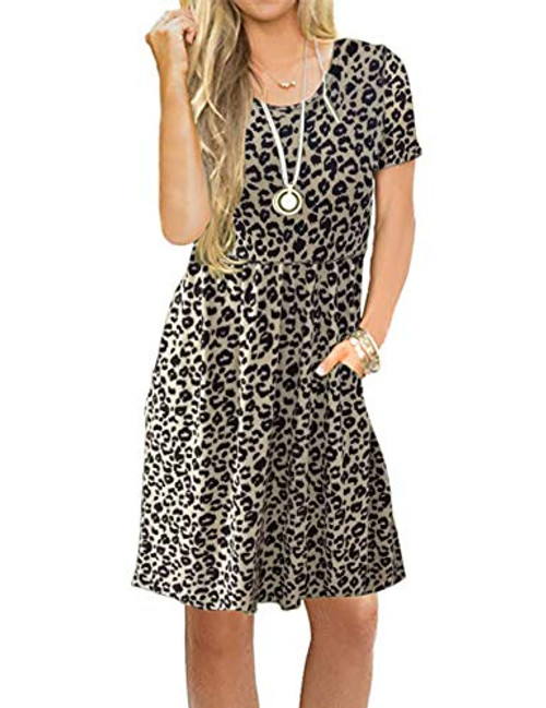 AUSELILY Women s Short Sleeve Pleated Loose Swing Casual Dress with Pockets Knee Length S  Leopard