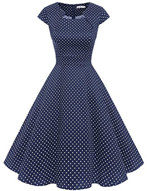 Homrain Women s 1950s Retro Vintage A-Line Cap Sleeve Cocktail Swing Party Dress Navy Small White Dot S Homrain Women s 1950s Retro Vintage A-Line Cap Sleeve Cocktail Swing Party Dress Navy Small White Dot S