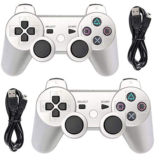 Tidoom Playstation 3 Controller PS3 Controller Wireless Bluetooth Gamepad Compatible for PS3 Remote Controller with Charging Cables Silver 2 Pack