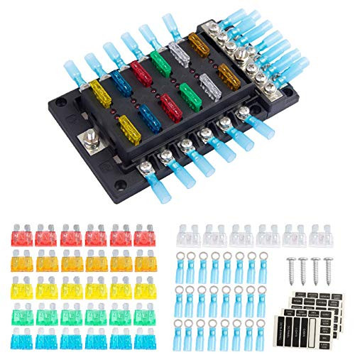 12 Way Fuse Block  Marine Fuse Box for 12V-24V Automotive Car Marine Boat RV  12 Circuit ATP-ATC-ATO W-Negative Bus with Indicator Waterpoof Cover