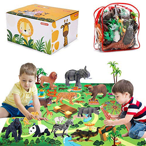 Safari Zoo Animals Figures Toys with Activity Play Mat   Trees  Hand Painted Plastic Animals Figurines  Realistic African Jungle Wild Animals Educational Playset for Kids Boys Girls  22 Piece