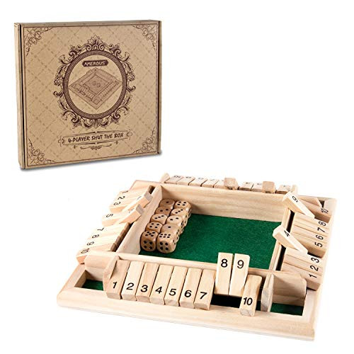 AMEROUS 1-4 Players Shut The Box Dice Game Classic 4 Sided Wooden Board Game with 10 Dice and Shut-The-Box Instructions for Kids Adults  Classics Tabletop Version and Pub Board Game