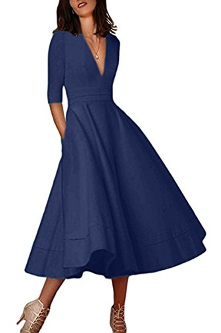 YMING Womens V Neck Cocktail Dress 3-4 Sleeve Maxi Dress Vintage Party Dress Navy Blue XL