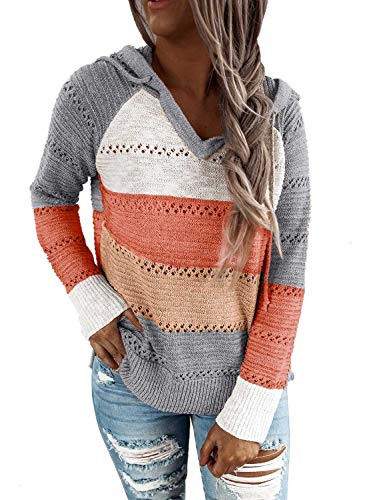 BLENCOT Women s Fall Hoodies Color Block Pullover Sweaters Warm Casual Loose Knitted Hooded Sweatshirts Tops Clothing Gray S