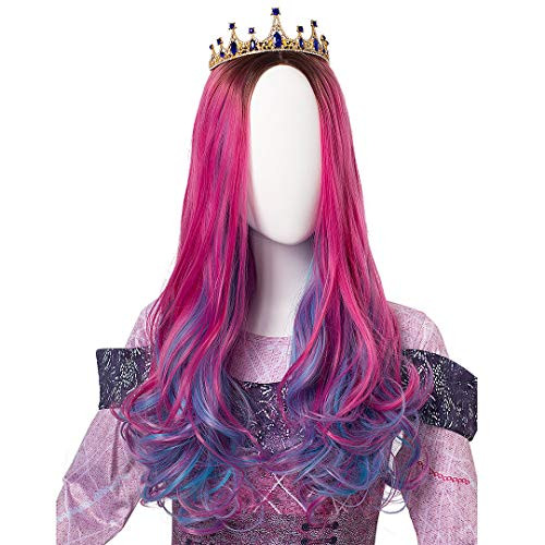 Wigs And Crown For Kids Child Girls Long Wavy Pink Mixed Blue Wig Black Roots Pink Curly Wigs Cosplay Wigs For Halloween Costumes And Party Synthetic Heat Resistant Wig kids wig and crown