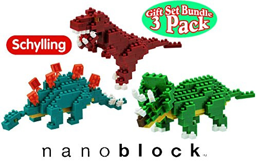 Nanoblock Building Blocks Dinosaurs Tyrannosaurus (T-Rex), Triceratops & Stegosaurus Gift Set Bundle - 3 Pack