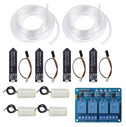 Automatic Irrigation DIY Kit Soil Moisture Sensor Kit with 4PCS Capacitive Soil Moisture Sensor 1PCS 4 Channel 5V Relay Module 4PCS Mini Water Pump 2PCS 5M Vinyl Tubing for Garden Plant