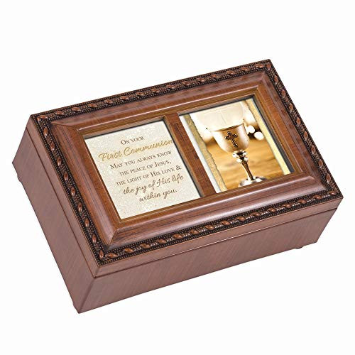 Cottage Garden First Communion Peace of Jesus Joy Life Woodgrain Petite Jewelry Music Box Plays Ave Maria