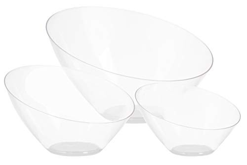 Clear Plastic Serving Bowls for Parties | Disposable Angled Bowls Combo Pack | Includes Large, Medium & Small Bowls For Snacks, Buffet, Chips, Salads, Fruits. 15 Pack - Posh Setting