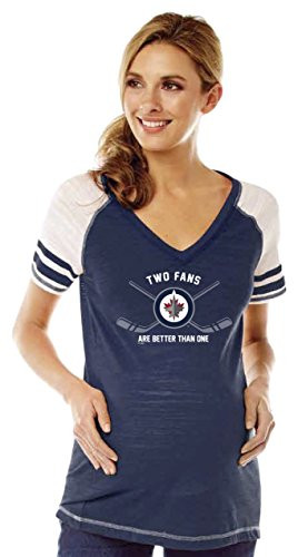 Soft As A Grape NHL Winnipeg Jets Women s Maternity V-Neck Tee with Stripe Sleeves  Medium  Navy